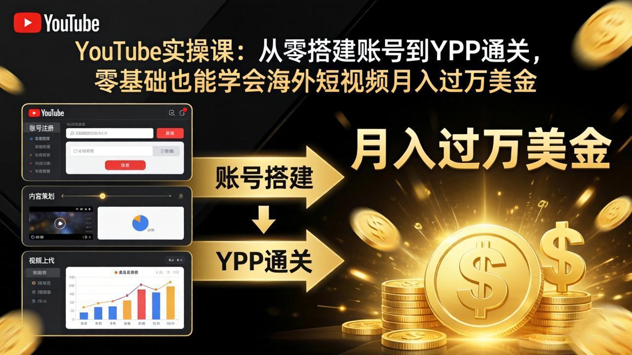 YouTube实操课：从零搭建账号到YPP通关，零基础也能学会海外短视频月入过万美金-小y轻创