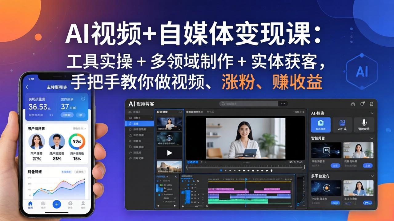 AI视频+自媒体变现课：工具实操 + 多领域制作 + 实体获客，手把手教你做视频、涨粉、赚收益-小y轻创