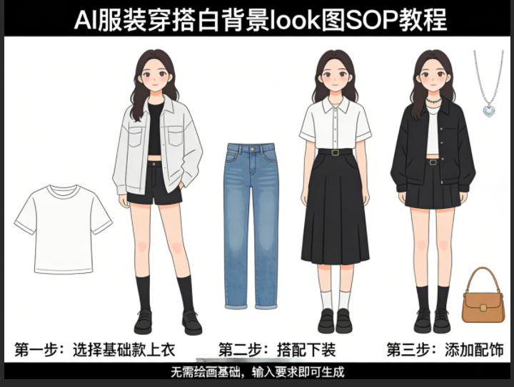 AI服装穿搭白背景look图SOP教程,不用会画画,提几句具体要求,AI就能还你一个奇迹-小y轻创