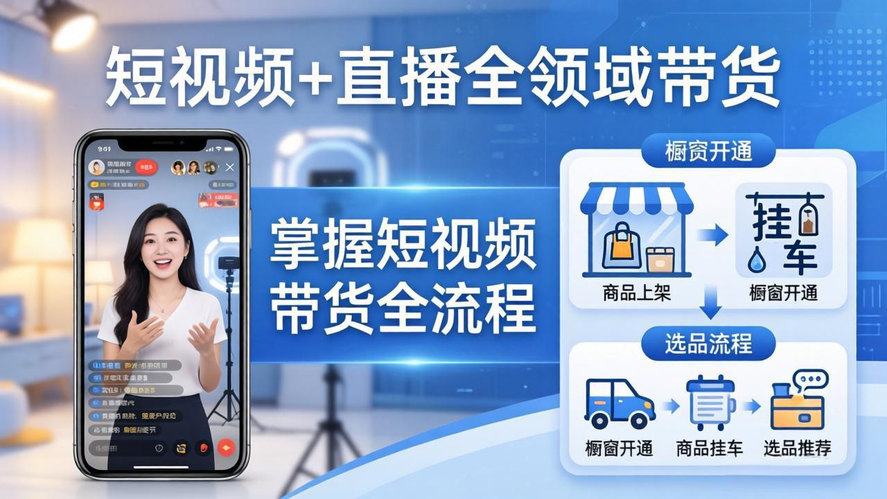 短视频+直播全领域带货-更新:掌握橱窗开通、挂车、选品、爆款文案改编等短视频带货全流程-小y轻创