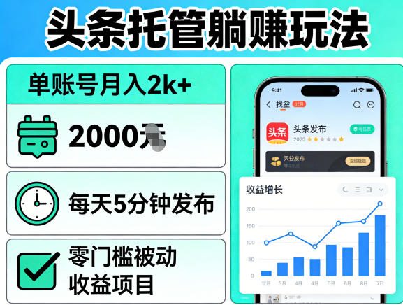 头条托管躺賺玩法，单账号月入2k+，每天5分钟发布即可，零门槛被动收益项目【揭秘】-小y轻创