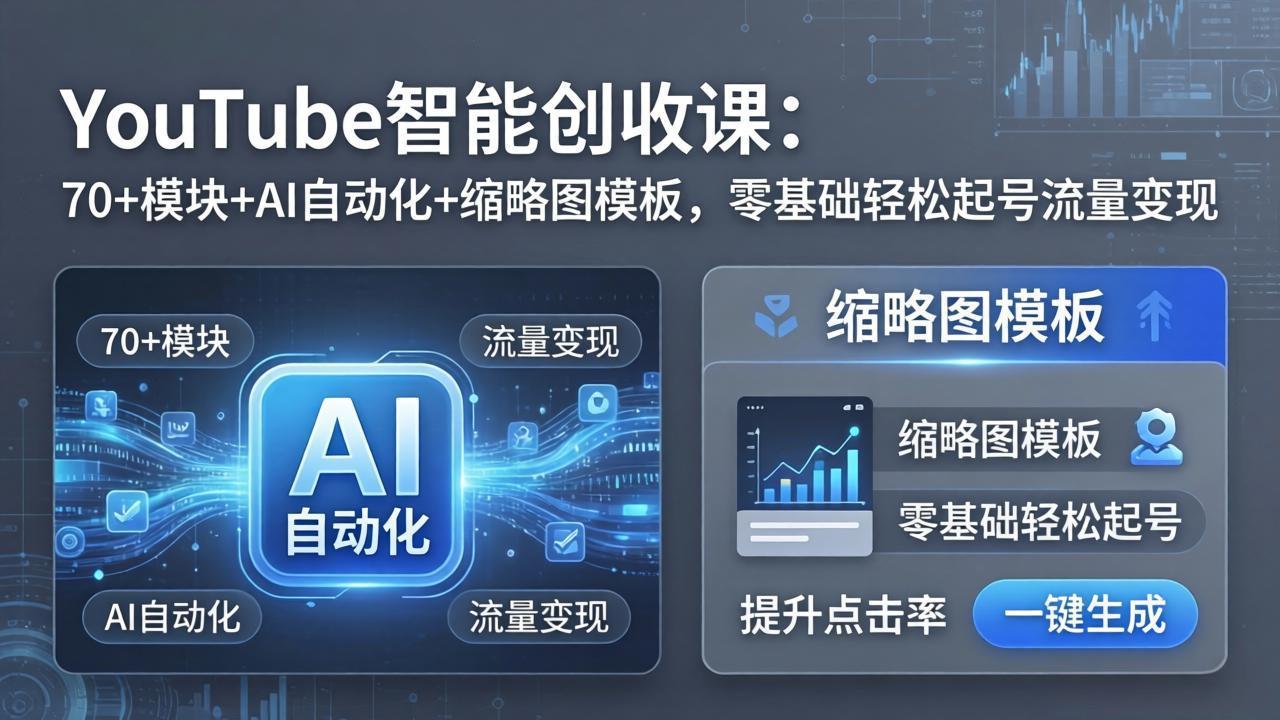 YouTube智能创收课：70+模块+AI自动化+缩略图模板，零基础轻松起号流量变现-小y轻创