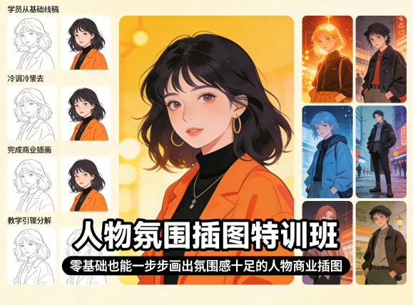 人物氛围插图特训班，零基础也能一步步画出氛围感十足的人物商业插图-小y轻创