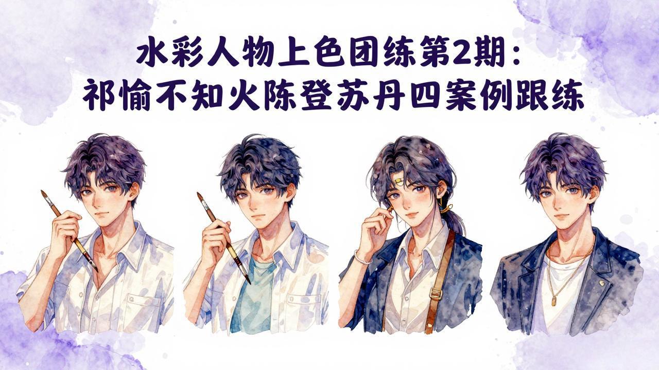 水彩人物上色团练第2期：祁煜不知火陈登苏丹四案例跟练，手把手提升绘画能力-小y轻创