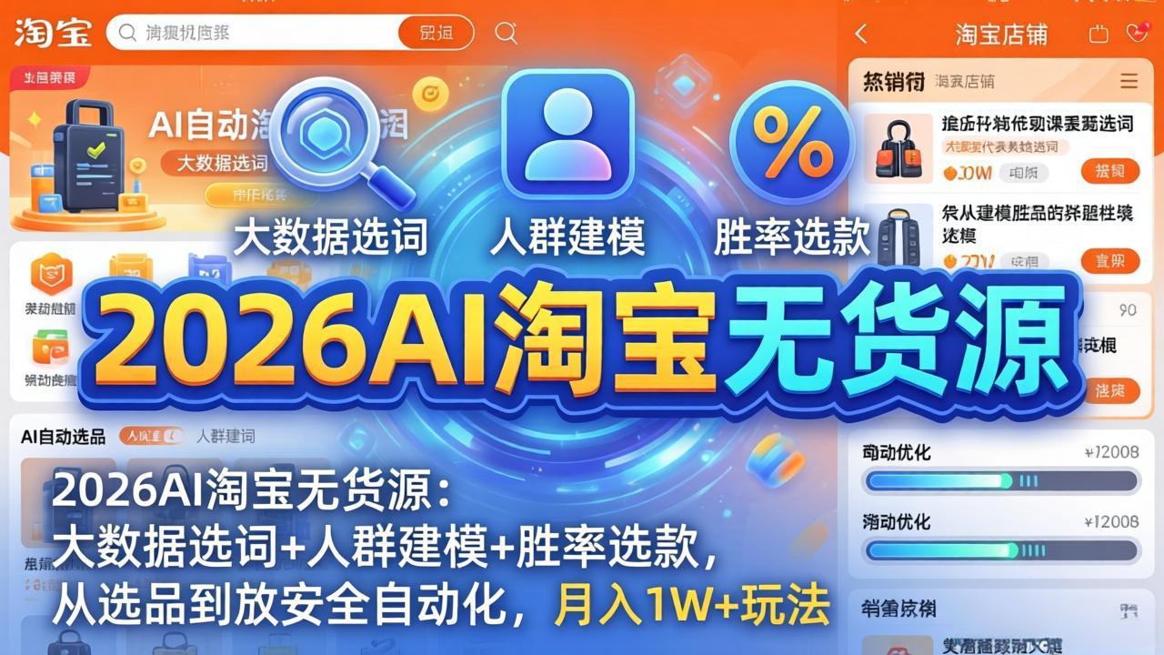 2026AI淘宝无货源-4月更新：大数据选词+人群建模+胜率选款，从选品到放大全自动化，月入1W+玩法-小y轻创