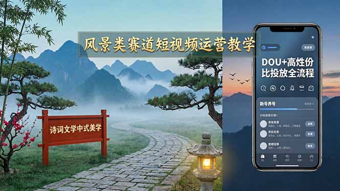 风景类赛道短视频运营教学:诗词文学中式美学,新号养号对标账号定位,DOU+高性价比投放全流程-小y轻创