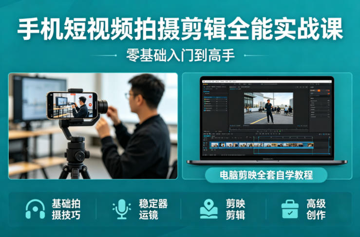 手机短视频拍摄剪辑全能实战课：零基础入门到高手，稳定器运镜+电脑剪映全套自学教程-小y轻创