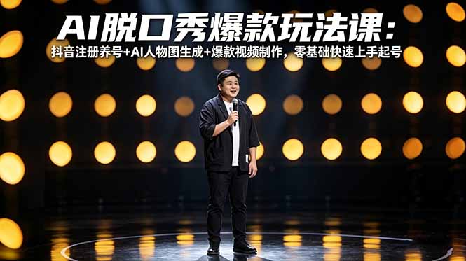 AI脱口秀爆款玩法课:抖音注册养号+AI人物图生成+爆款视频制作,零基础快速上手起号-小y轻创